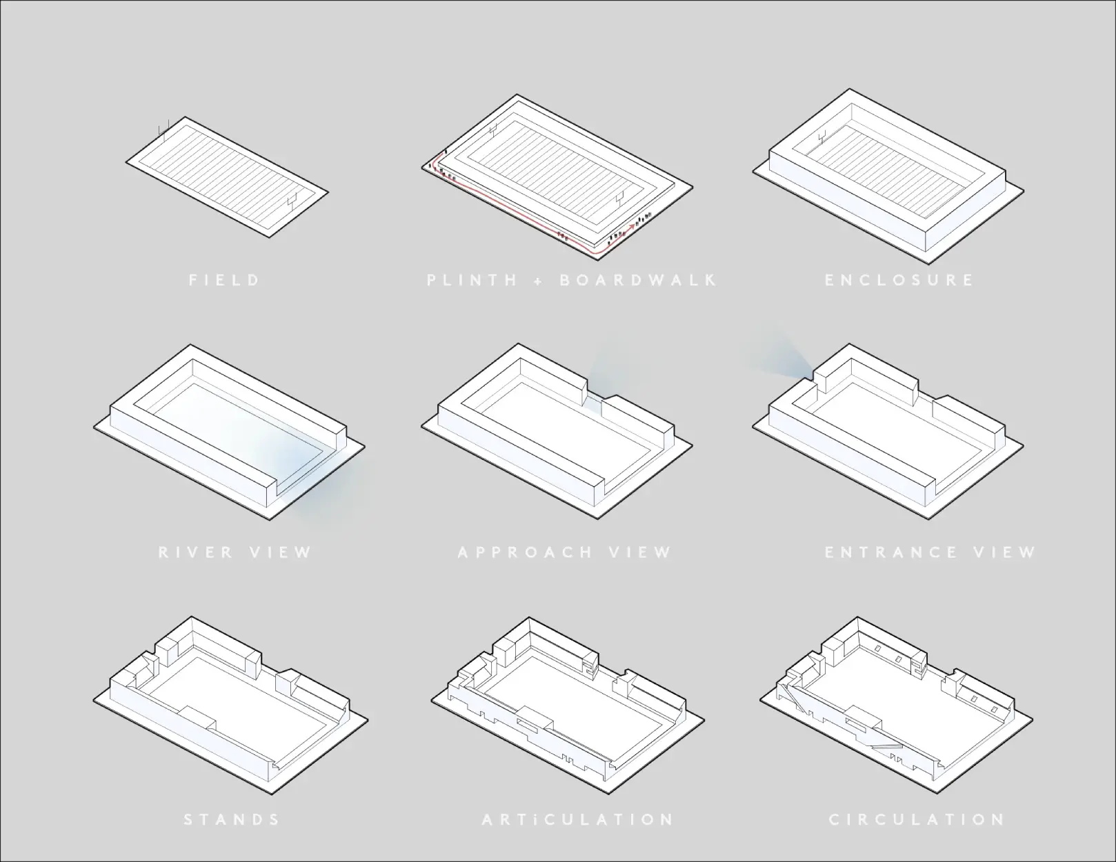 High School Stadium Design; Massing logic for the football stadium. Jonathan Malott, Austin Texas Architecture